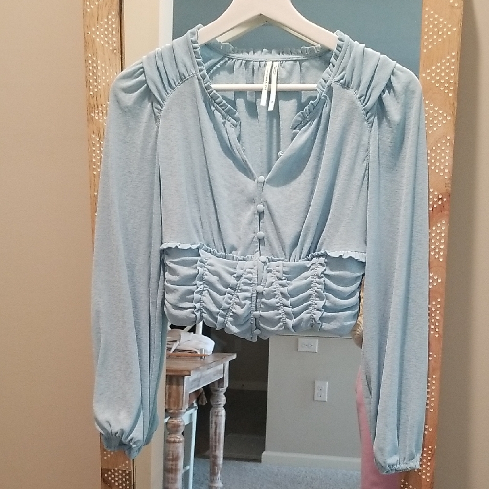 Anthropologie Light Blue Ruched Blouse